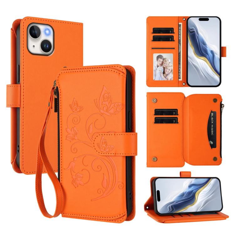 Funda de cuero para teléfono con cartera multitarjeta con cremallera y diseño de mariposa y flor de amor, For iPhone 16 Pro, For iPhone 16 Plus, For iPhone 16, For iPhone 15 Pro Max, For iPhone 15 Pro, For iPhone 15 Plus