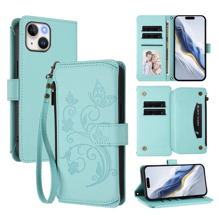 Funda de cuero para teléfono con cartera multitarjeta con cremallera y diseño de mariposa y flor de amor, For iPhone 16 Pro, For iPhone 16 Plus, For iPhone 16, For iPhone 15 Pro Max, For iPhone 15 Pro, For iPhone 15 Plus