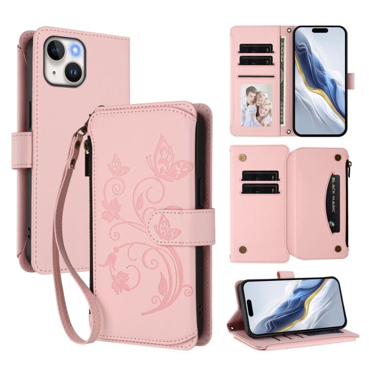 Funda de cuero para teléfono con cartera multitarjeta con cremallera y diseño de mariposa y flor de amor, For iPhone 16 Pro, For iPhone 16 Plus, For iPhone 16, For iPhone 15 Pro Max, For iPhone 15 Pro, For iPhone 15 Plus