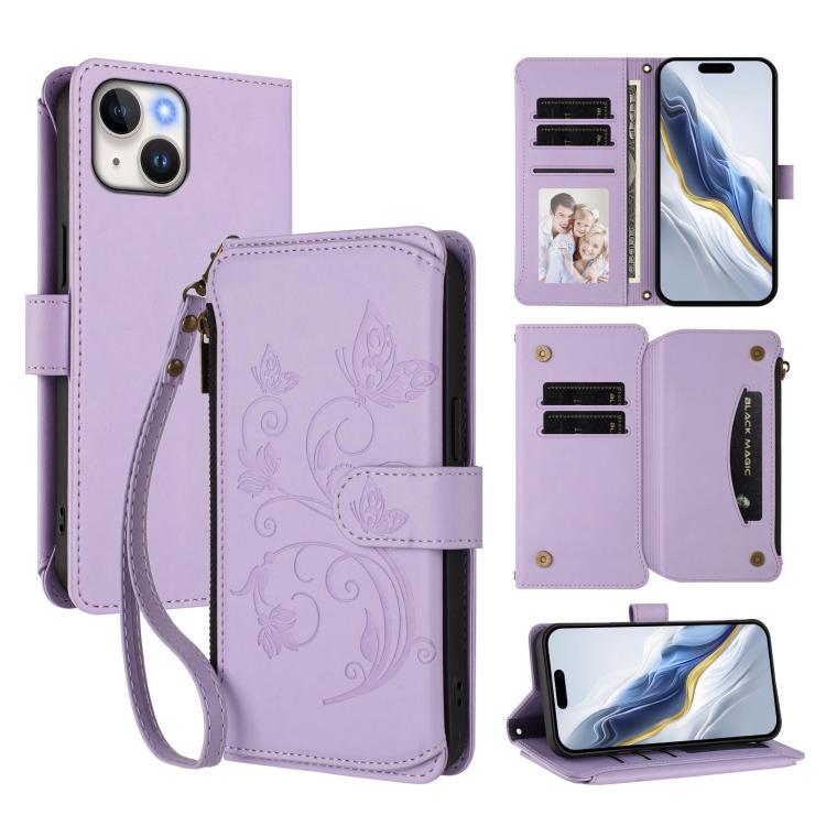 Funda de cuero para teléfono con cartera multitarjeta con cremallera y diseño de mariposa y flor de amor, For iPhone 16 Pro, For iPhone 16 Plus, For iPhone 16, For iPhone 15 Pro Max, For iPhone 15 Pro, For iPhone 15 Plus