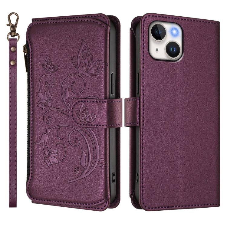 Funda de cuero para teléfono con cartera multitarjeta con cremallera y diseño de mariposa y flor de amor, For iPhone 15, For iPhone 14 Plus, For iPhone 14 / 13, For iPhone 14 Pro, For iPhone 14 Pro Max, For iPhone 7 / 8 / SE 2022