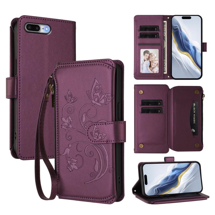 Funda de cuero para teléfono con cartera multitarjeta con cremallera y diseño de mariposa y flor de amor, For iPhone 7 Plus / 8 Plus