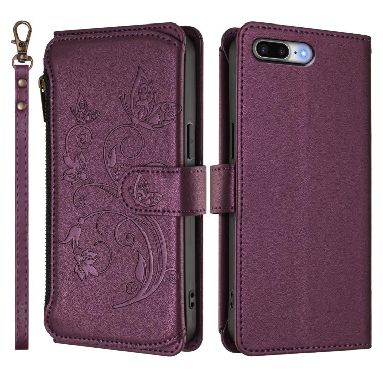 Funda de cuero para teléfono con cartera multitarjeta con cremallera y diseño de mariposa y flor de amor, For iPhone 7 Plus / 8 Plus