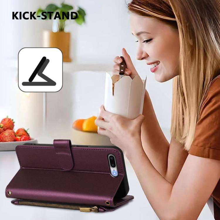 Funda de cuero para teléfono con cartera multitarjeta con cremallera y diseño de mariposa y flor de amor, For iPhone 7 Plus / 8 Plus