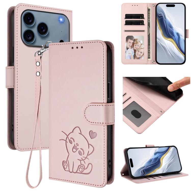 Funda para teléfono de piel con forma de corazón y gato en relieve, con correa de mano., For iPhone 18 Pro / 17 Pro, For iPhone 18 Pro Max / 17 Pro Max, For iPhone 17e / 16e, For iPhone 17