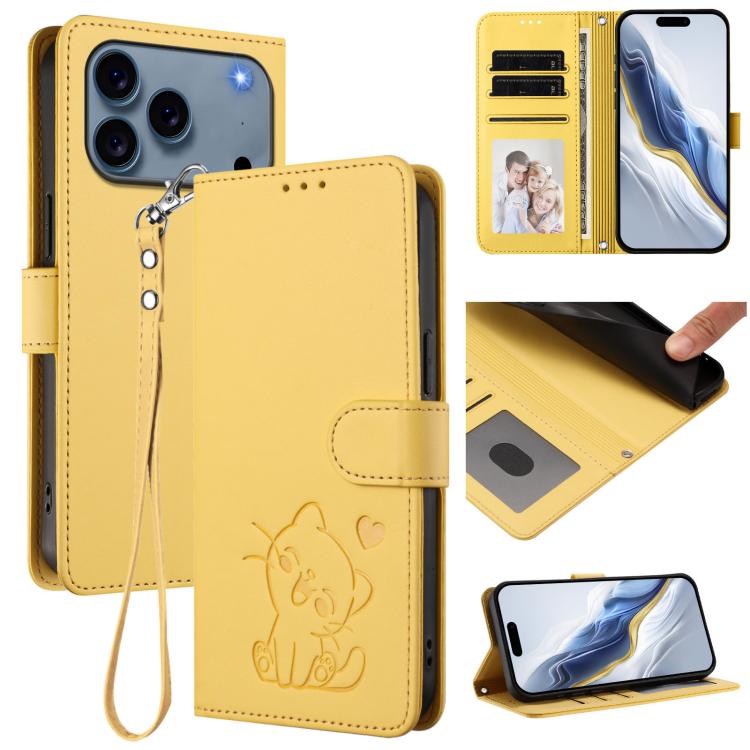 Funda para teléfono de piel con forma de corazón y gato en relieve, con correa de mano., For iPhone 18 Pro / 17 Pro, For iPhone 18 Pro Max / 17 Pro Max, For iPhone 17e / 16e, For iPhone 17