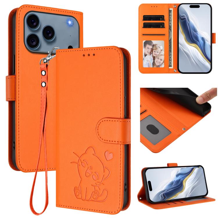 Funda para teléfono de piel con forma de corazón y gato en relieve, con correa de mano., For iPhone 18 Pro / 17 Pro, For iPhone 18 Pro Max / 17 Pro Max, For iPhone 17e / 16e, For iPhone 17