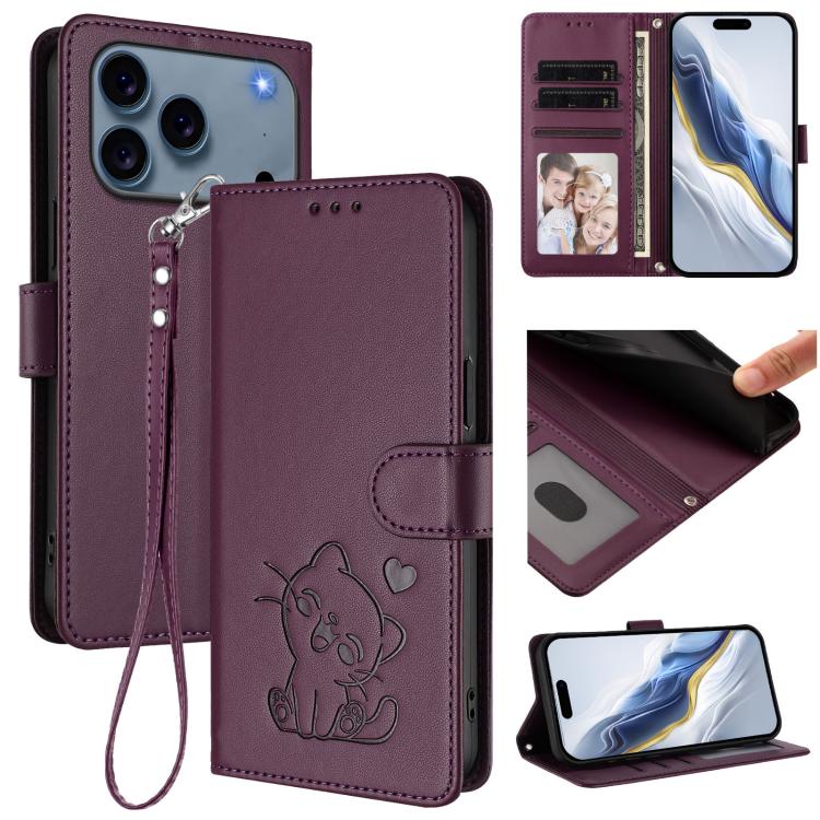 Funda para teléfono de piel con forma de corazón y gato en relieve, con correa de mano., For iPhone 18 Pro / 17 Pro, For iPhone 18 Pro Max / 17 Pro Max, For iPhone 17e / 16e, For iPhone 17