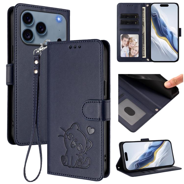 Funda para teléfono de piel con forma de corazón y gato en relieve, con correa de mano., For iPhone 18 Pro / 17 Pro, For iPhone 18 Pro Max / 17 Pro Max, For iPhone 17e / 16e, For iPhone 17