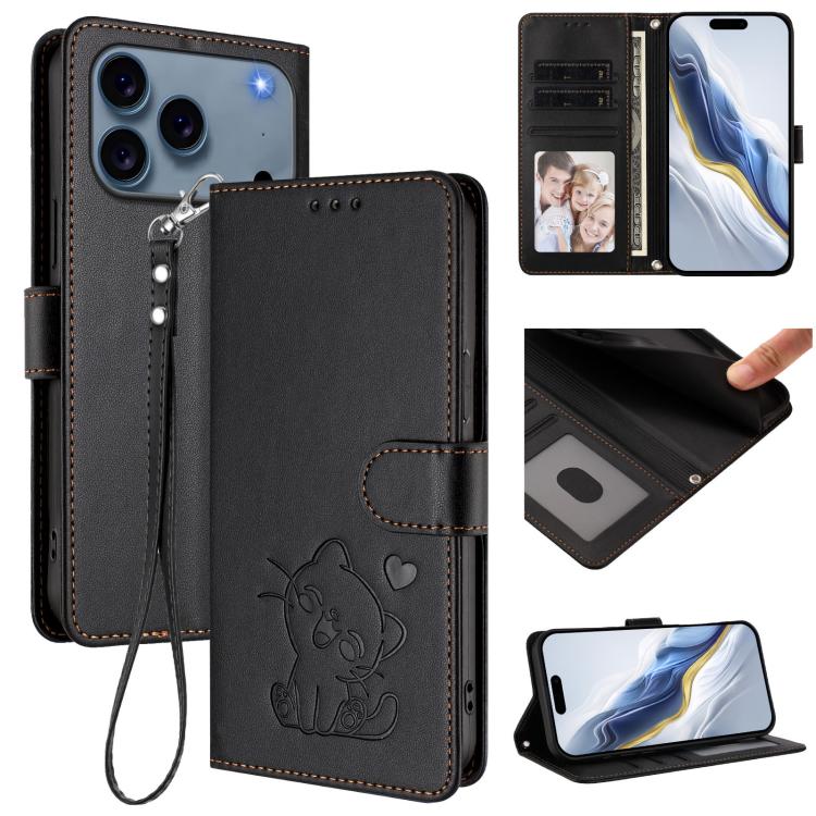 Funda para teléfono de piel con forma de corazón y gato en relieve, con correa de mano., For iPhone 18 Pro / 17 Pro, For iPhone 18 Pro Max / 17 Pro Max, For iPhone 17e / 16e, For iPhone 17