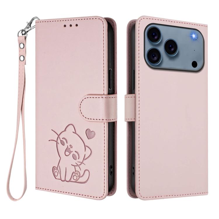 Funda para teléfono de piel con forma de corazón y gato en relieve, con correa de mano., For iPhone 18 Pro / 17 Pro, For iPhone 18 Pro Max / 17 Pro Max, For iPhone 17e / 16e, For iPhone 17