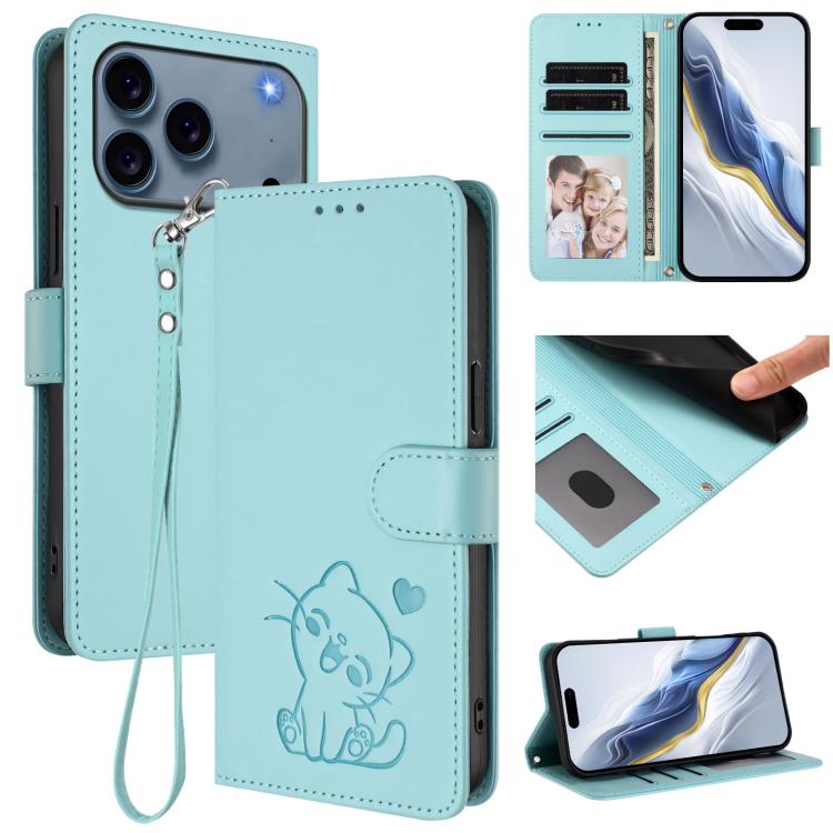 Funda para teléfono de piel con forma de corazón y gato en relieve, con correa de mano., For iPhone 18 Pro / 17 Pro, For iPhone 18 Pro Max / 17 Pro Max, For iPhone 17e / 16e, For iPhone 17