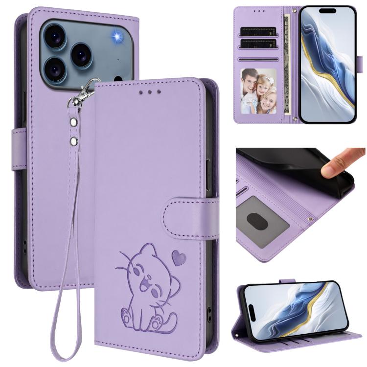 Funda para teléfono de piel con forma de corazón y gato en relieve, con correa de mano., For iPhone 18 Pro / 17 Pro, For iPhone 18 Pro Max / 17 Pro Max, For iPhone 17e / 16e, For iPhone 17