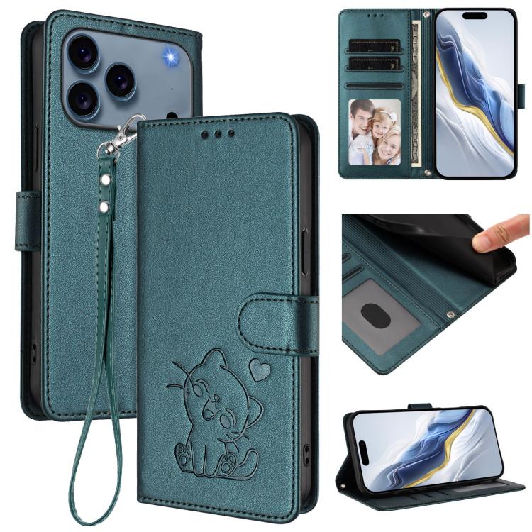 Funda para teléfono de piel con forma de corazón y gato en relieve, con correa de mano., For iPhone 18 Pro / 17 Pro, For iPhone 18 Pro Max / 17 Pro Max, For iPhone 17e / 16e, For iPhone 17