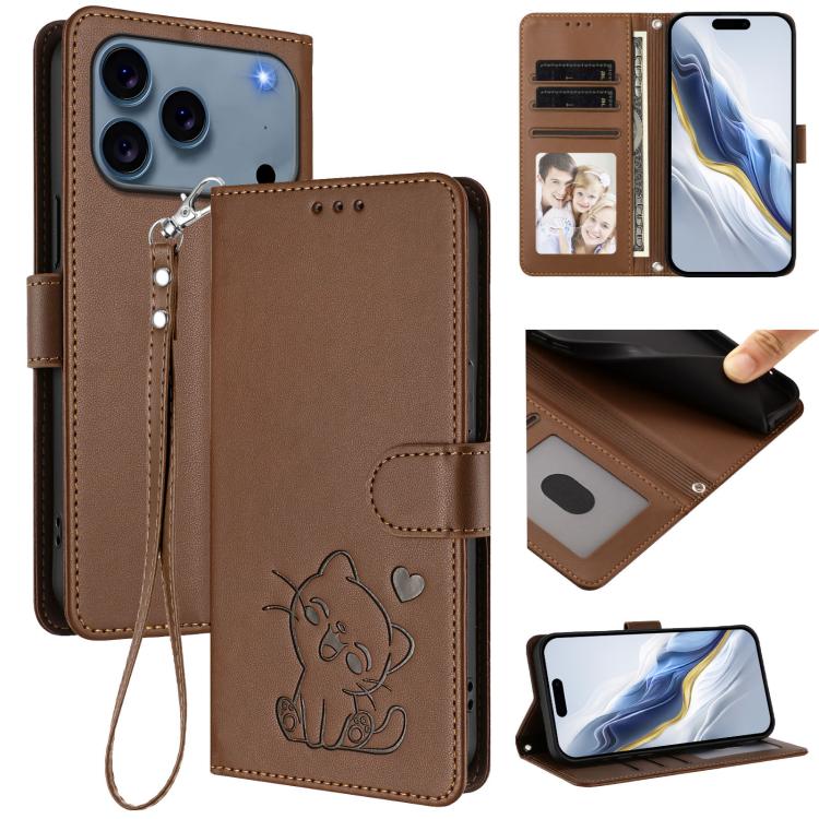 Funda para teléfono de piel con forma de corazón y gato en relieve, con correa de mano., For iPhone 18 Pro / 17 Pro, For iPhone 18 Pro Max / 17 Pro Max, For iPhone 17e / 16e, For iPhone 17
