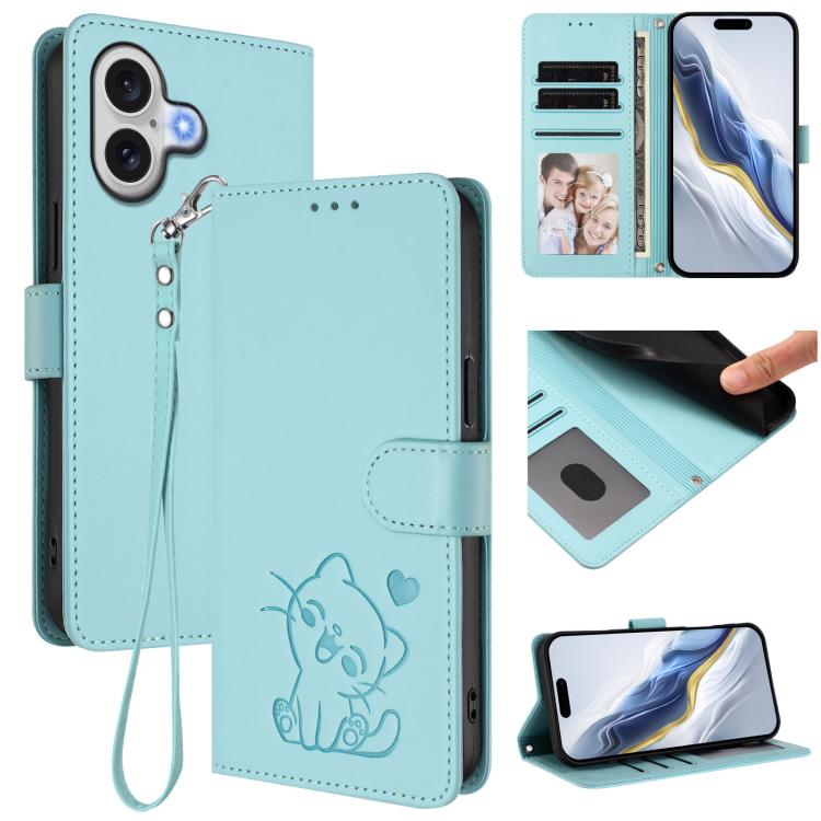 Funda para teléfono de piel con forma de corazón y gato en relieve, con correa de mano., For iPhone 18 Pro / 17 Pro, For iPhone 18 Pro Max / 17 Pro Max, For iPhone 17e / 16e, For iPhone 17