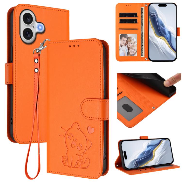 Funda para teléfono de piel con forma de corazón y gato en relieve, con correa de mano., For iPhone 18 Pro / 17 Pro, For iPhone 18 Pro Max / 17 Pro Max, For iPhone 17e / 16e, For iPhone 17