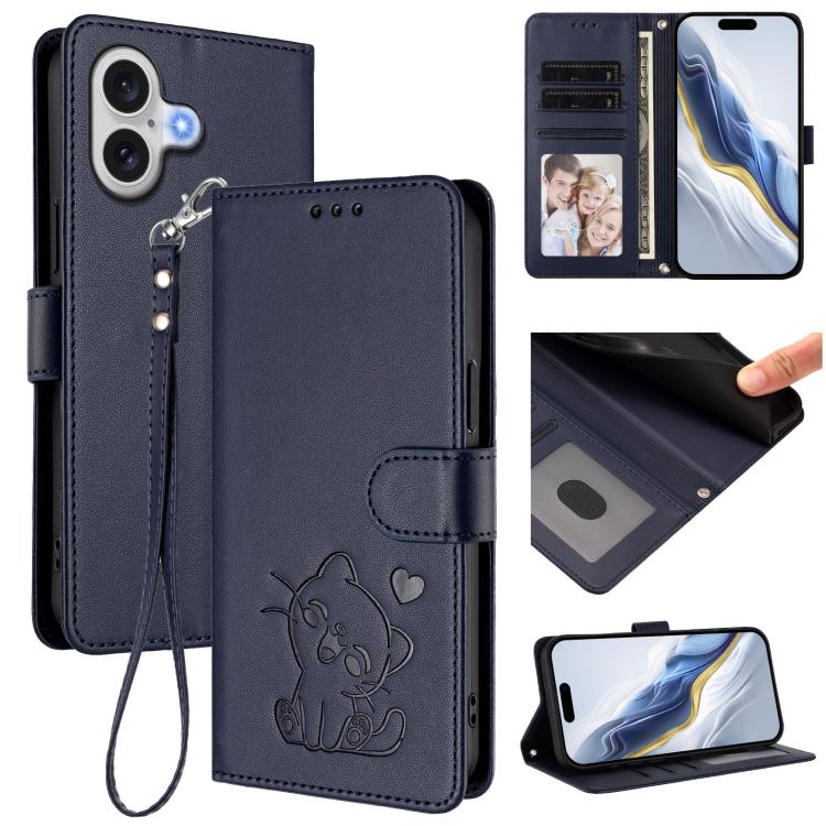 Funda para teléfono de piel con forma de corazón y gato en relieve, con correa de mano., For iPhone 18 Pro / 17 Pro, For iPhone 18 Pro Max / 17 Pro Max, For iPhone 17e / 16e, For iPhone 17