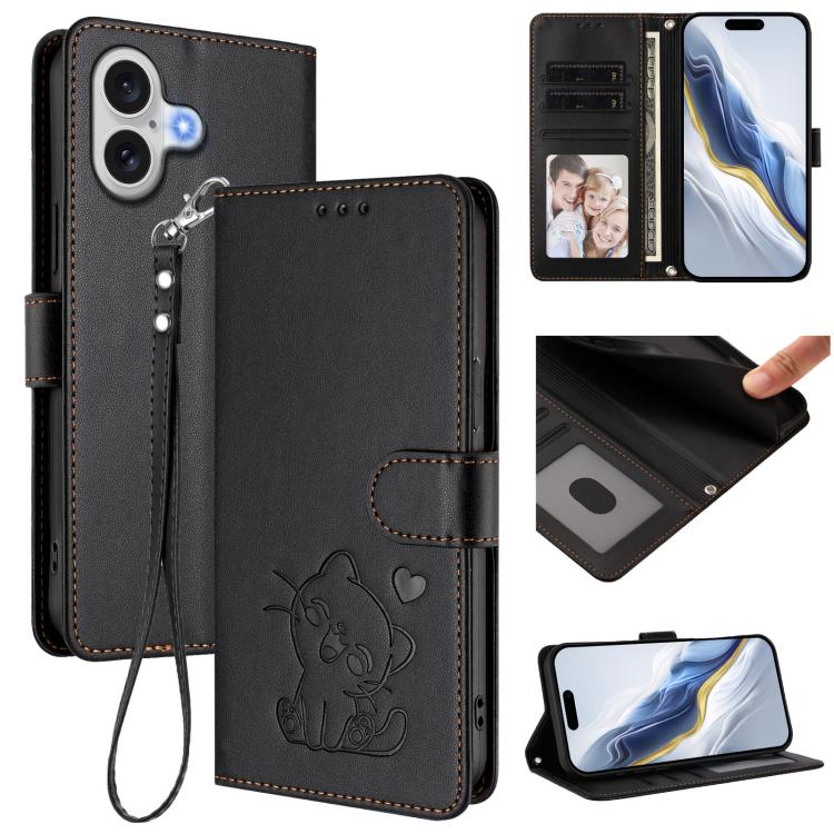 Funda para teléfono de piel con forma de corazón y gato en relieve, con correa de mano., For iPhone 18 Pro / 17 Pro, For iPhone 18 Pro Max / 17 Pro Max, For iPhone 17e / 16e, For iPhone 17