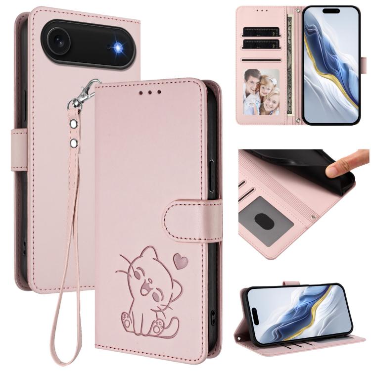 Funda para teléfono de piel con forma de corazón y gato en relieve, con correa de mano., For iPhone Air, For iPhone 16 Pro Max, For iPhone 16 Pro, For iPhone 16 Plus