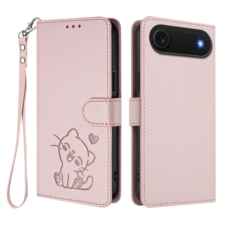 Funda para teléfono de piel con forma de corazón y gato en relieve, con correa de mano., For iPhone Air, For iPhone 16 Pro Max, For iPhone 16 Pro, For iPhone 16 Plus
