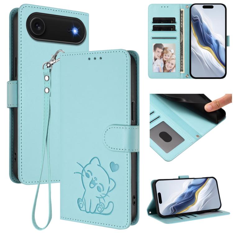 Funda para teléfono de piel con forma de corazón y gato en relieve, con correa de mano., For iPhone Air, For iPhone 16 Pro Max, For iPhone 16 Pro, For iPhone 16 Plus