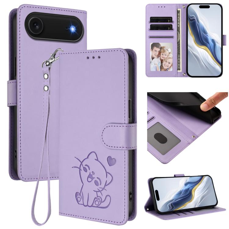 Funda para teléfono de piel con forma de corazón y gato en relieve, con correa de mano., For iPhone Air, For iPhone 16 Pro Max, For iPhone 16 Pro, For iPhone 16 Plus