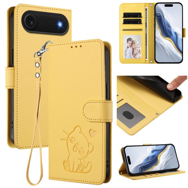 Funda para teléfono de piel con forma de corazón y gato en relieve, con correa de mano., For iPhone Air, For iPhone 16 Pro Max, For iPhone 16 Pro, For iPhone 16 Plus