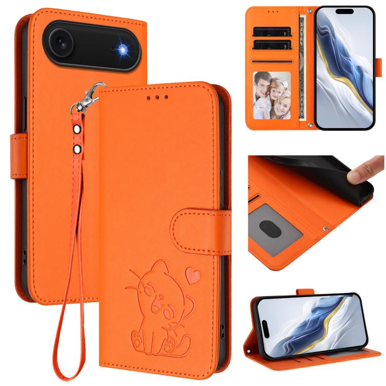 Funda para teléfono de piel con forma de corazón y gato en relieve, con correa de mano., For iPhone Air, For iPhone 16 Pro Max, For iPhone 16 Pro, For iPhone 16 Plus