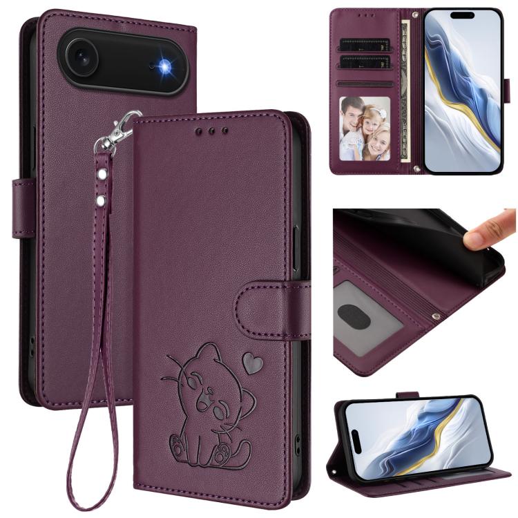 Funda para teléfono de piel con forma de corazón y gato en relieve, con correa de mano., For iPhone Air, For iPhone 16 Pro Max, For iPhone 16 Pro, For iPhone 16 Plus