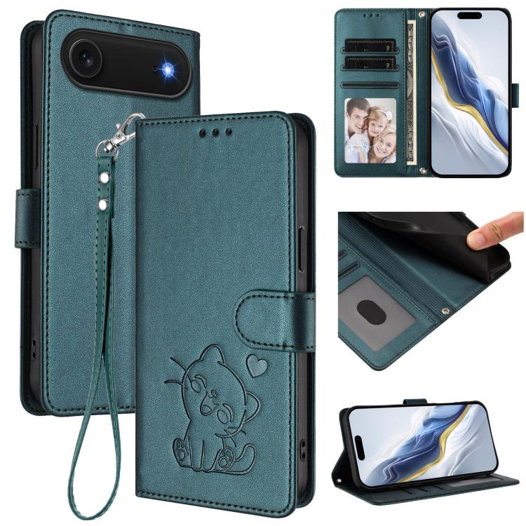 Funda para teléfono de piel con forma de corazón y gato en relieve, con correa de mano., For iPhone Air, For iPhone 16 Pro Max, For iPhone 16 Pro, For iPhone 16 Plus