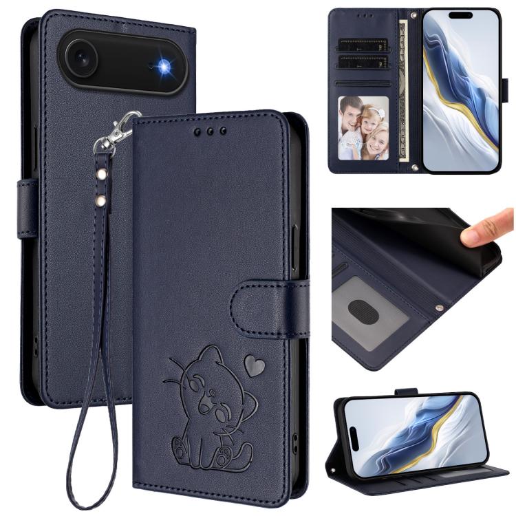 Funda para teléfono de piel con forma de corazón y gato en relieve, con correa de mano., For iPhone Air, For iPhone 16 Pro Max, For iPhone 16 Pro, For iPhone 16 Plus