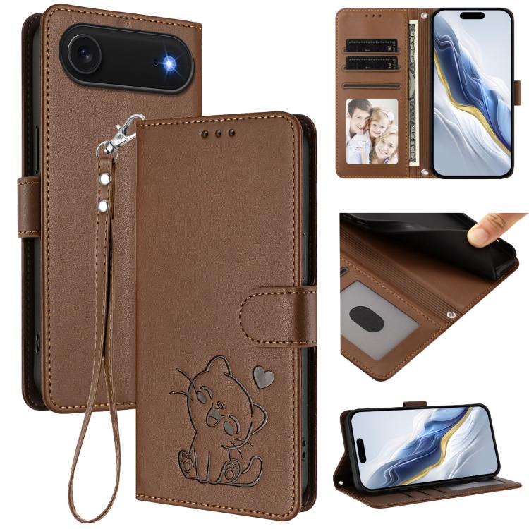 Funda para teléfono de piel con forma de corazón y gato en relieve, con correa de mano., For iPhone Air, For iPhone 16 Pro Max, For iPhone 16 Pro, For iPhone 16 Plus