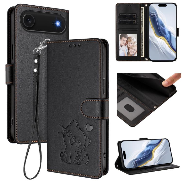 Funda para teléfono de piel con forma de corazón y gato en relieve, con correa de mano., For iPhone Air, For iPhone 16 Pro Max, For iPhone 16 Pro, For iPhone 16 Plus