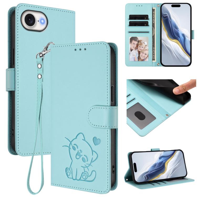 Funda para teléfono de piel con forma de corazón y gato en relieve, con correa de mano., For iPhone 18 Pro / 17 Pro, For iPhone 18 Pro Max / 17 Pro Max, For iPhone 17e / 16e, For iPhone 17