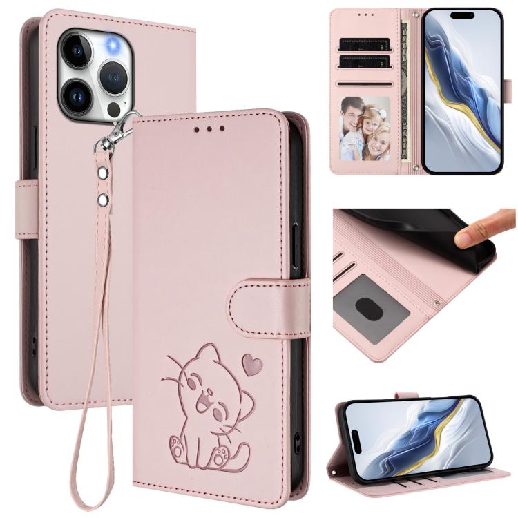Funda para teléfono de piel con forma de corazón y gato en relieve, con correa de mano., For iPhone Air, For iPhone 16 Pro Max, For iPhone 16 Pro, For iPhone 16 Plus