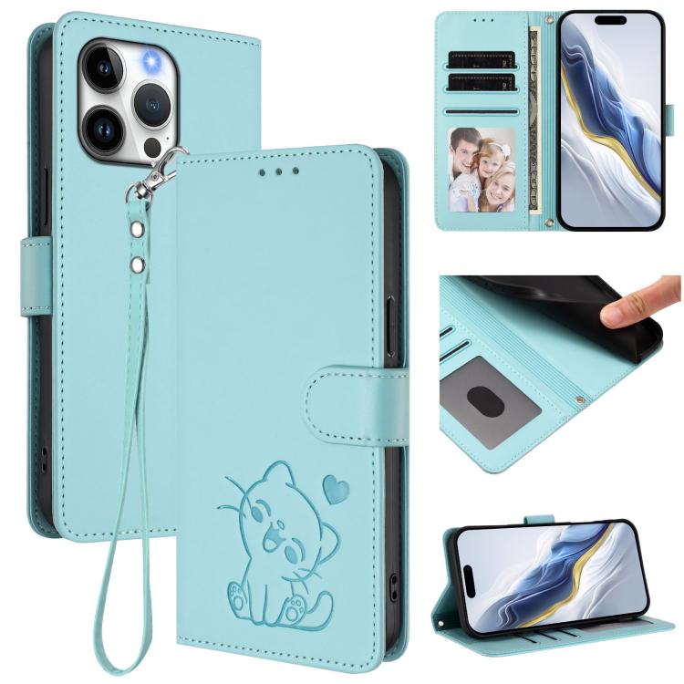 Funda para teléfono de piel con forma de corazón y gato en relieve, con correa de mano., For iPhone Air, For iPhone 16 Pro Max, For iPhone 16 Pro, For iPhone 16 Plus