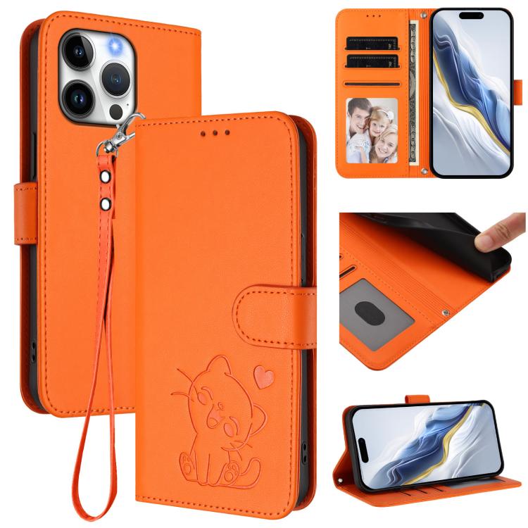 Funda para teléfono de piel con forma de corazón y gato en relieve, con correa de mano., For iPhone Air, For iPhone 16 Pro Max, For iPhone 16 Pro, For iPhone 16 Plus