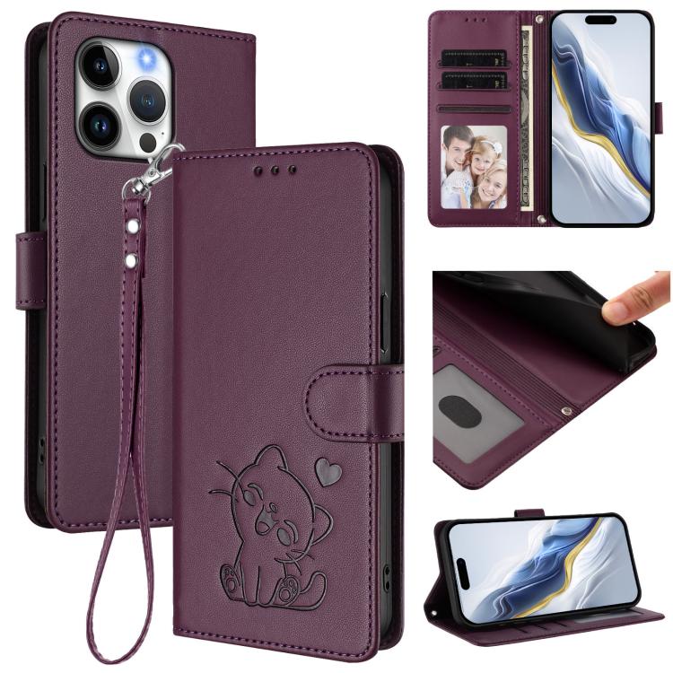 Funda para teléfono de piel con forma de corazón y gato en relieve, con correa de mano., For iPhone Air, For iPhone 16 Pro Max, For iPhone 16 Pro, For iPhone 16 Plus