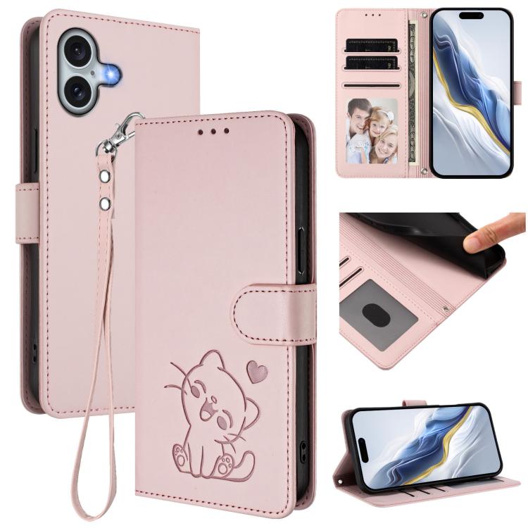 Funda para teléfono de piel con forma de corazón y gato en relieve, con correa de mano., For iPhone Air, For iPhone 16 Pro Max, For iPhone 16 Pro, For iPhone 16 Plus