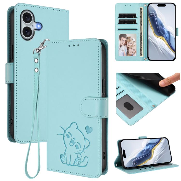 Funda para teléfono de piel con forma de corazón y gato en relieve, con correa de mano., For iPhone Air, For iPhone 16 Pro Max, For iPhone 16 Pro, For iPhone 16 Plus