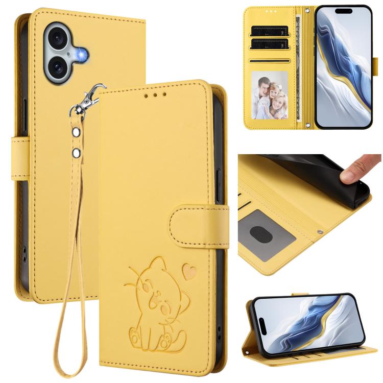 Funda para teléfono de piel con forma de corazón y gato en relieve, con correa de mano., For iPhone Air, For iPhone 16 Pro Max, For iPhone 16 Pro, For iPhone 16 Plus