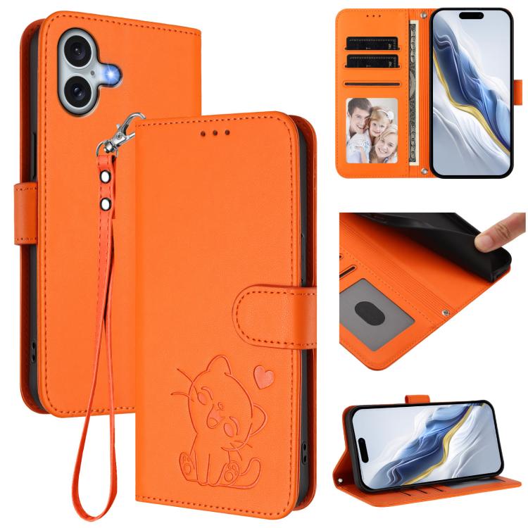 Funda para teléfono de piel con forma de corazón y gato en relieve, con correa de mano., For iPhone Air, For iPhone 16 Pro Max, For iPhone 16 Pro, For iPhone 16 Plus