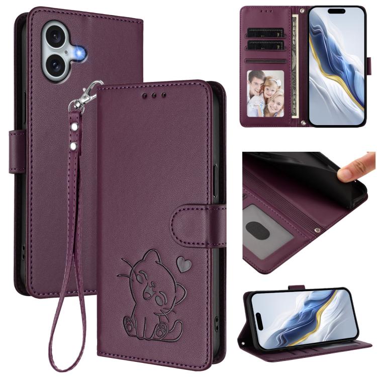 Funda para teléfono de piel con forma de corazón y gato en relieve, con correa de mano., For iPhone Air, For iPhone 16 Pro Max, For iPhone 16 Pro, For iPhone 16 Plus