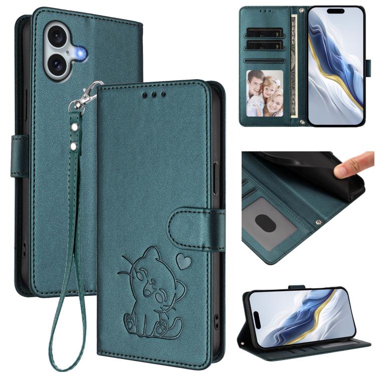 Funda para teléfono de piel con forma de corazón y gato en relieve, con correa de mano., For iPhone Air, For iPhone 16 Pro Max, For iPhone 16 Pro, For iPhone 16 Plus