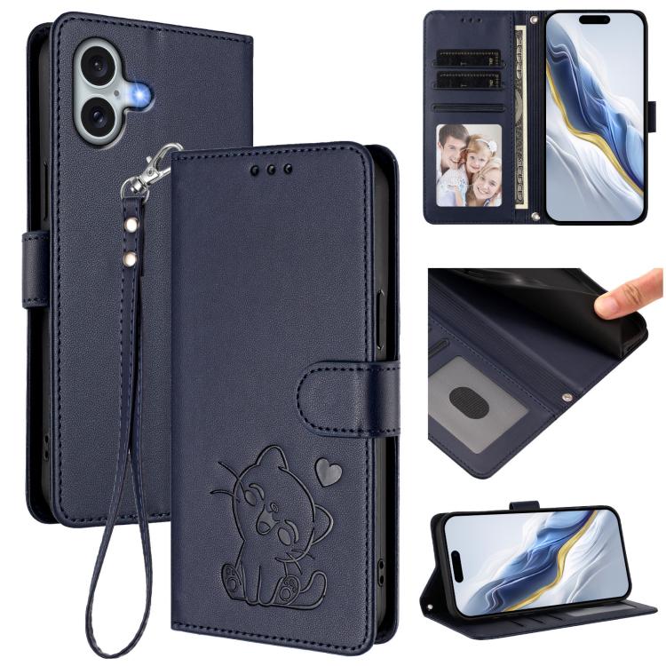 Funda para teléfono de piel con forma de corazón y gato en relieve, con correa de mano., For iPhone Air, For iPhone 16 Pro Max, For iPhone 16 Pro, For iPhone 16 Plus