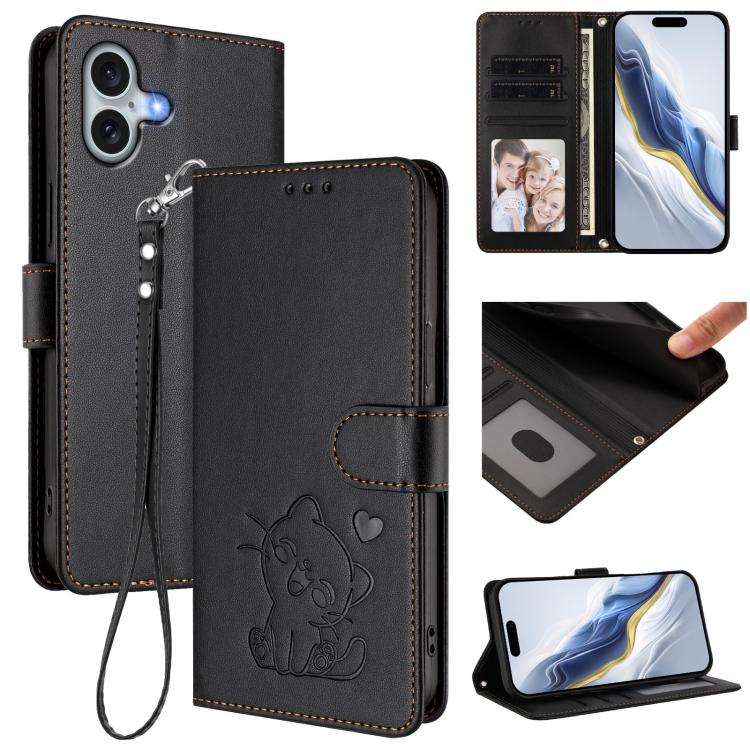 Funda para teléfono de piel con forma de corazón y gato en relieve, con correa de mano., For iPhone Air, For iPhone 16 Pro Max, For iPhone 16 Pro, For iPhone 16 Plus