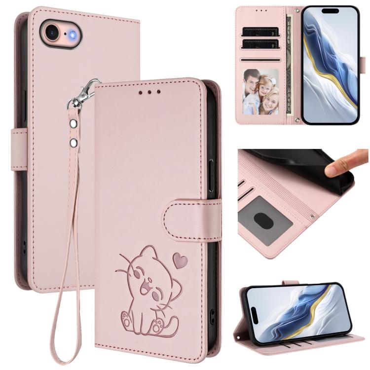 Funda para teléfono de piel con forma de corazón y gato en relieve, con correa de mano., For iPhone 14 Pro Max, For iPhone 7 / 8 / SE 2022, For iPhone 13 Pro Max, For iPhone 13 Pro