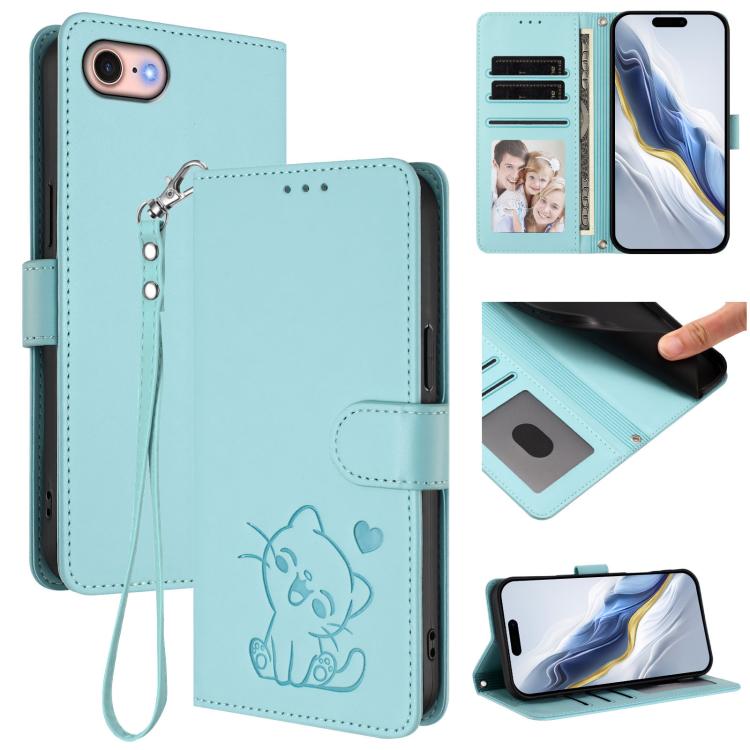 Funda para teléfono de piel con forma de corazón y gato en relieve, con correa de mano., For iPhone 14 Pro Max, For iPhone 7 / 8 / SE 2022, For iPhone 13 Pro Max, For iPhone 13 Pro