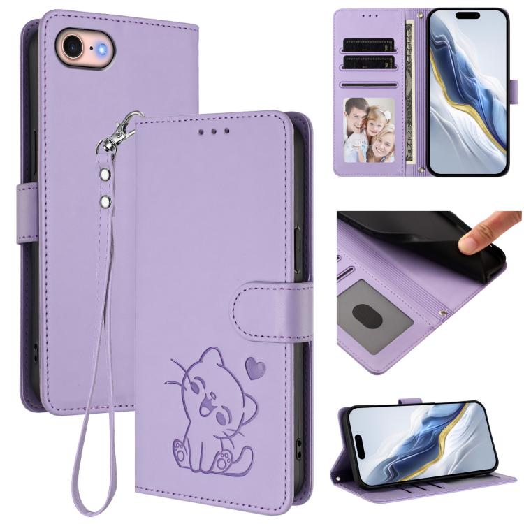 Funda para teléfono de piel con forma de corazón y gato en relieve, con correa de mano., For iPhone 14 Pro Max, For iPhone 7 / 8 / SE 2022, For iPhone 13 Pro Max, For iPhone 13 Pro